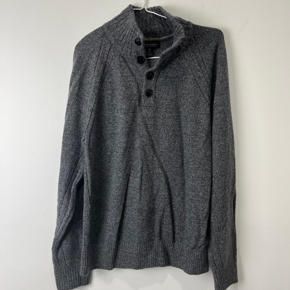 Banana Republic Sweater Mens Medium Gray Wool Blend Mock Neck Button Pullover